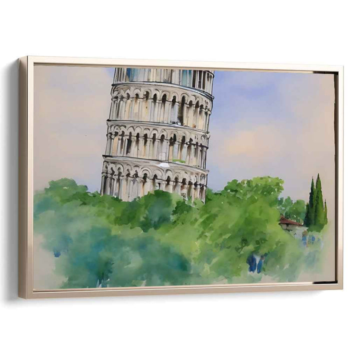 Whispers Of Tuscan Heights: Watercolor Leaning Tower of Pisa Amidst Verdant Greens