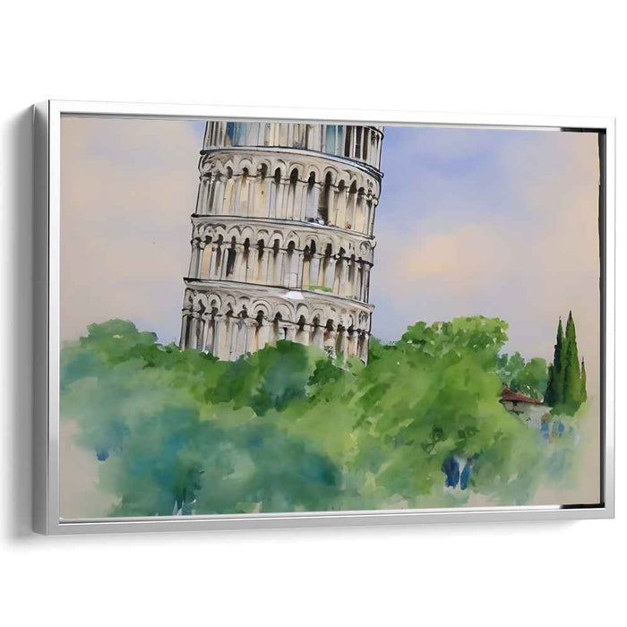 Whispers Of Tuscan Heights: Watercolor Leaning Tower of Pisa Amidst Verdant Greens