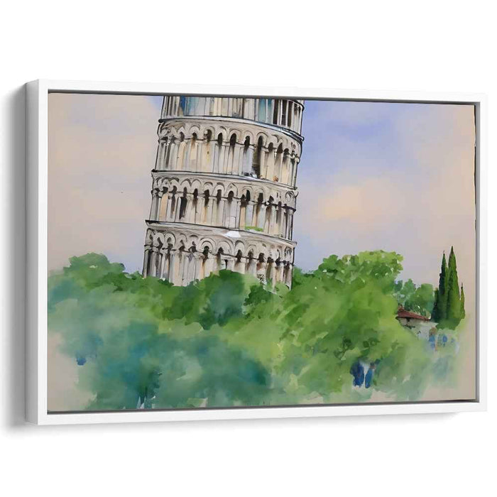 Whispers Of Tuscan Heights: Watercolor Leaning Tower of Pisa Amidst Verdant Greens