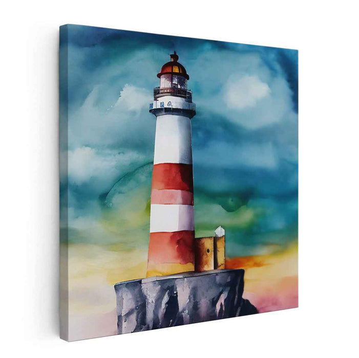 Beacon's Whispering Hues: Serene Lighthouse Watercolor Canvas Art