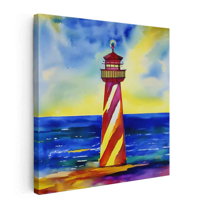 Lighthouse Beacon at Sunset: Dramatic Seascape Watercolor Painting