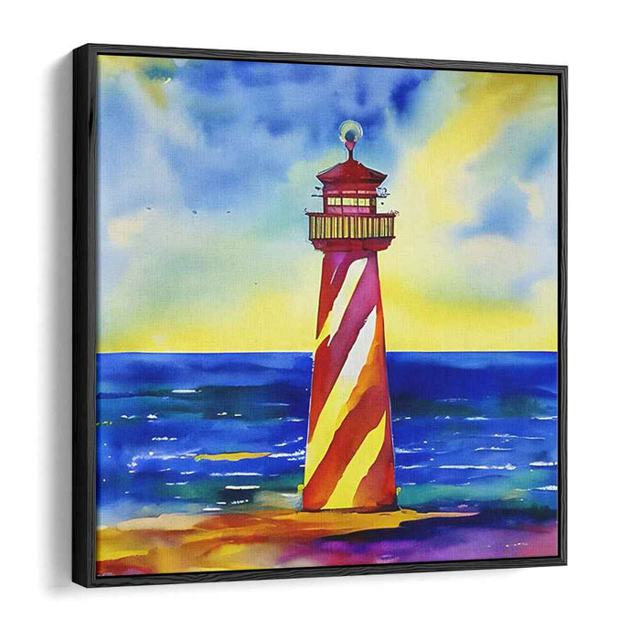 Lighthouse Beacon at Sunset: Dramatic Seascape Watercolor Painting