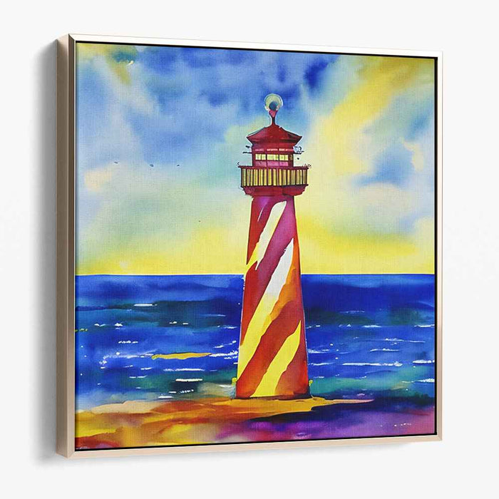 Lighthouse Beacon at Sunset: Dramatic Seascape Watercolor Painting