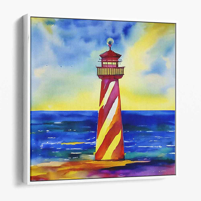 Lighthouse Beacon at Sunset: Dramatic Seascape Watercolor Painting