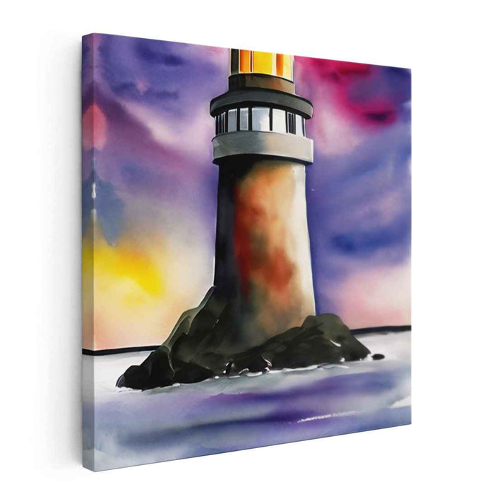 Luminescent Pathways: Watercolor Lighthouse at Dusk Canvas Art Print