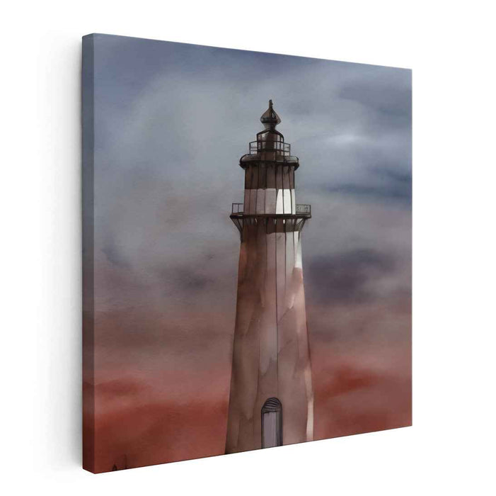 Majestic Beacon: Watercolor Lighthouse Against Stormy Sky Canvas Art Print