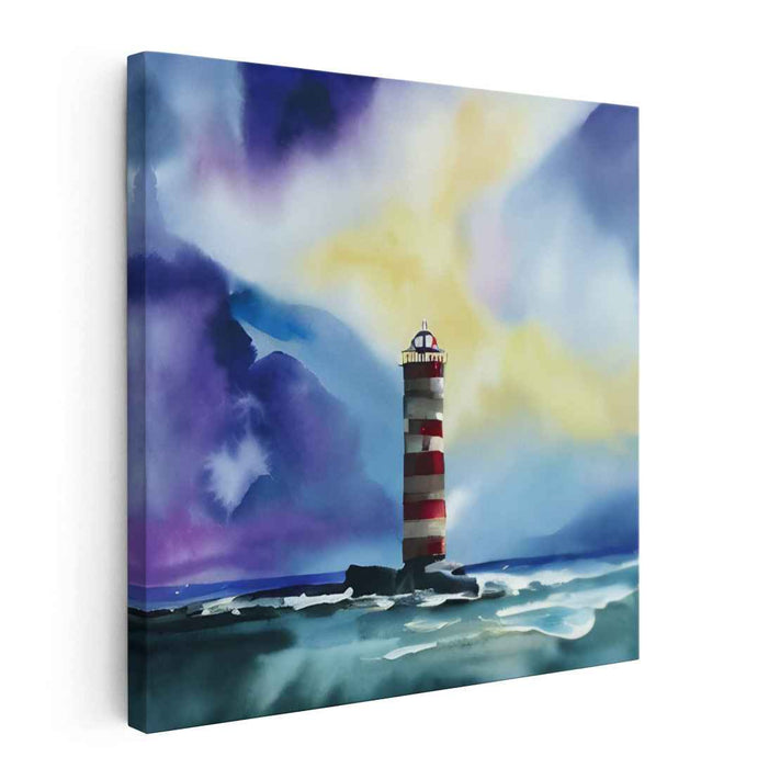 Guiding Light on Love's Horizon: Romantic Seascape with Lighthouse Watercolor Painting