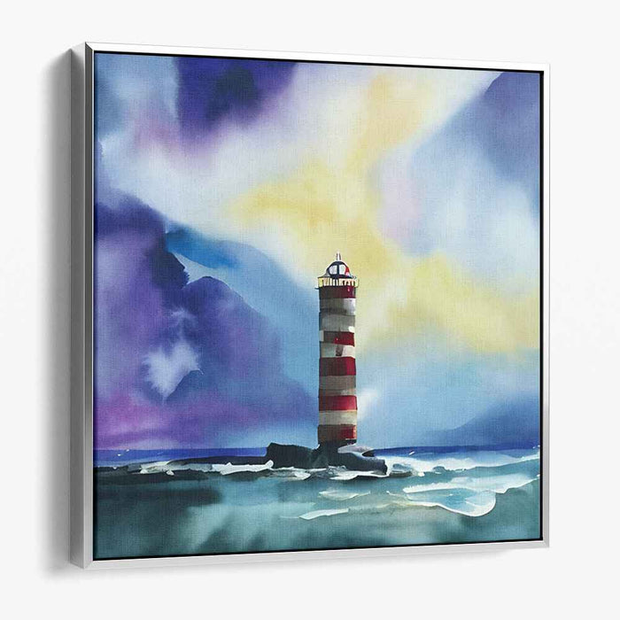 Guiding Light on Love's Horizon: Romantic Seascape with Lighthouse Watercolor Painting