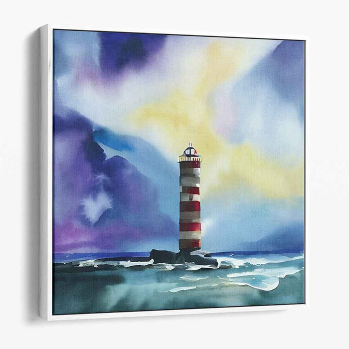 Guiding Light on Love's Horizon: Romantic Seascape with Lighthouse Watercolor Painting