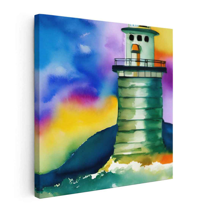Spectral Beacon: Vibrant Watercolor Lighthouse Canvas Art Print