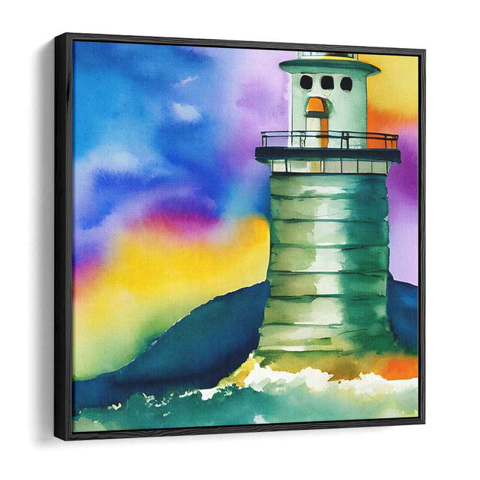 Spectral Beacon: Vibrant Watercolor Lighthouse Canvas Art Print