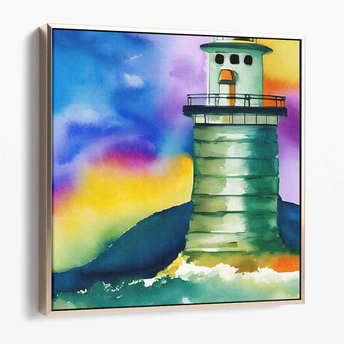 Spectral Beacon: Vibrant Watercolor Lighthouse Canvas Art Print