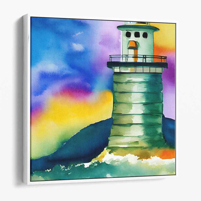 Spectral Beacon: Vibrant Watercolor Lighthouse Canvas Art Print