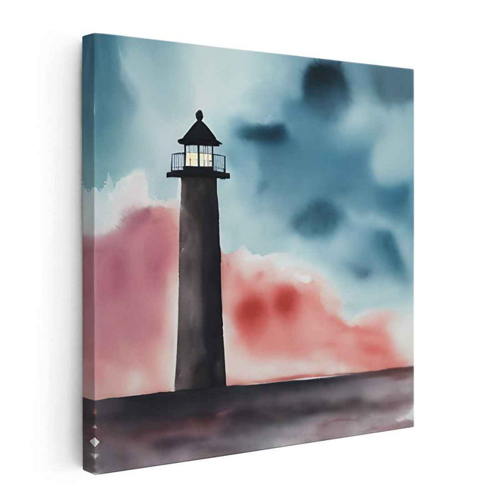 Guiding Moonlight Beacon: Twilight Lighthouse Watercolor Canvas Art Print