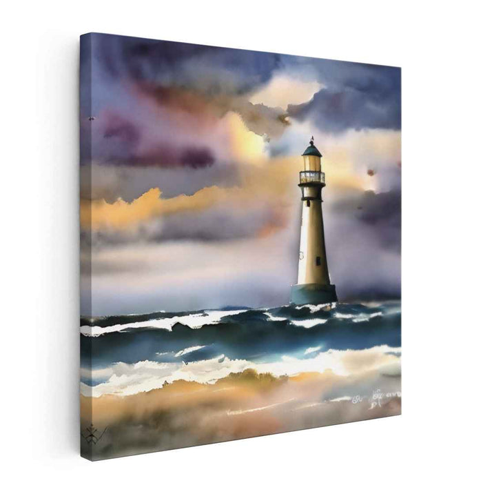 Lighthouse Beacon at Dusk: Romantic Watercolor Seascape Canvas Art