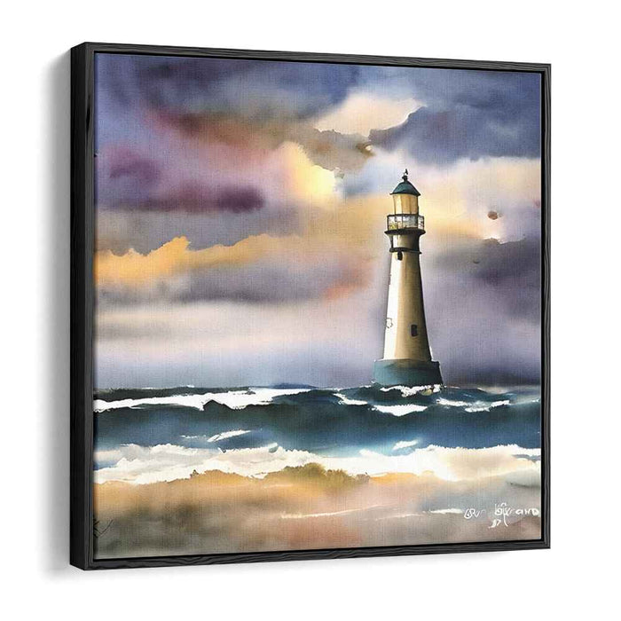 Lighthouse Beacon at Dusk: Romantic Watercolor Seascape Canvas Art