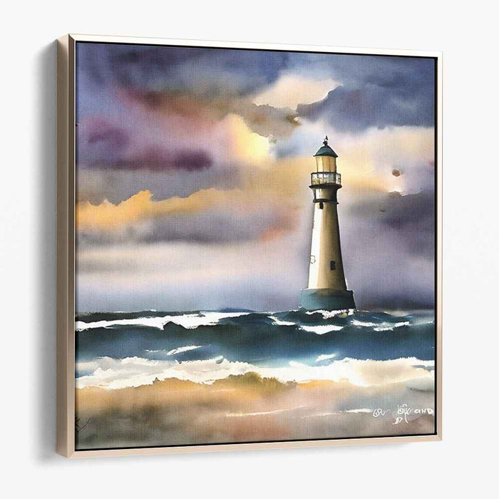 Lighthouse Beacon at Dusk: Romantic Watercolor Seascape Canvas Art