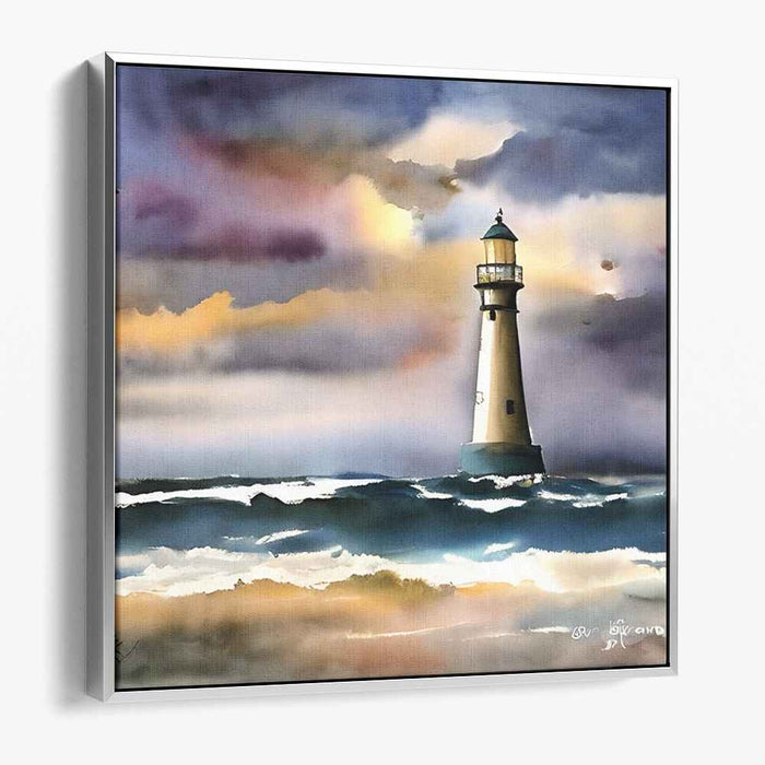 Lighthouse Beacon at Dusk: Romantic Watercolor Seascape Canvas Art