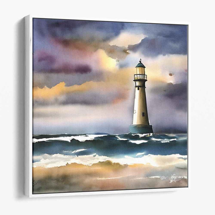 Lighthouse Beacon at Dusk: Romantic Watercolor Seascape Canvas Art