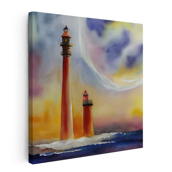 Serene Guardians: Vibrant Lighthouse Duo at Dusk Canvas Art Print