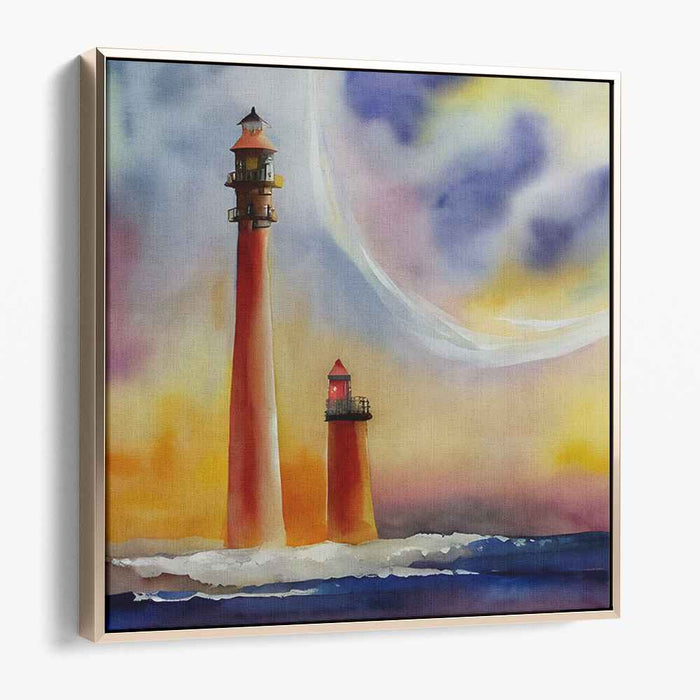 Serene Guardians: Vibrant Lighthouse Duo at Dusk Canvas Art Print