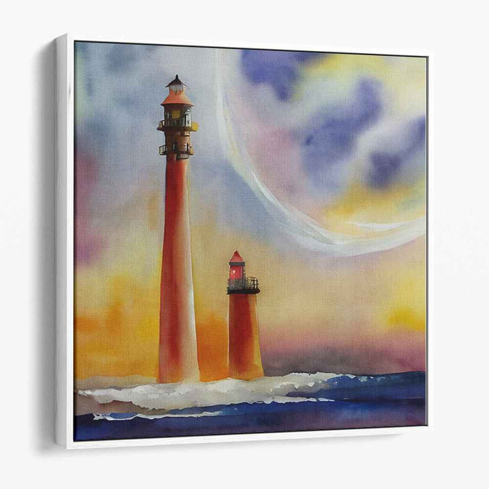 Serene Guardians: Vibrant Lighthouse Duo at Dusk Canvas Art Print