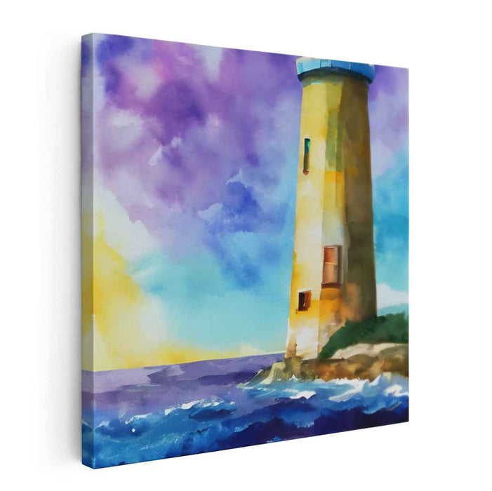 Whispers Of The Ocean's Fury: Watercolor Lighthouse in Stormy Seas Canvas Art