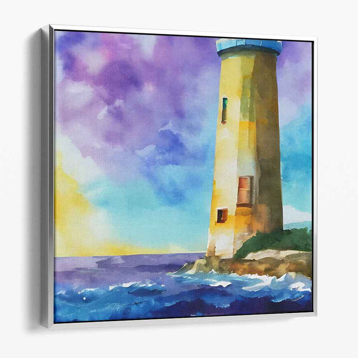 Whispers Of The Ocean's Fury: Watercolor Lighthouse in Stormy Seas Canvas Art