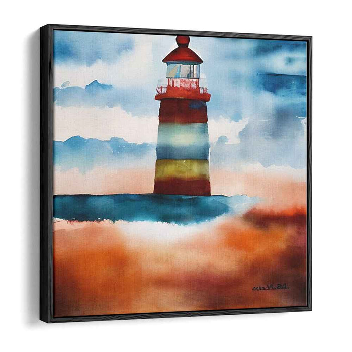 Dreamy Beacon Horizon Hues: Vibrant Watercolor Lighthouse Seascape