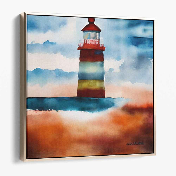 Dreamy Beacon Horizon Hues: Vibrant Watercolor Lighthouse Seascape