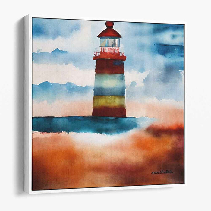 Dreamy Beacon Horizon Hues: Vibrant Watercolor Lighthouse Seascape