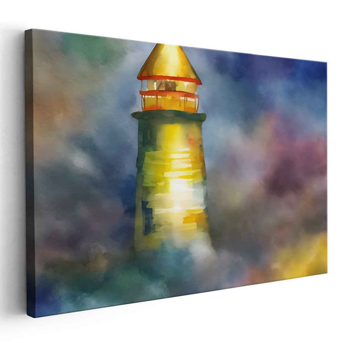 Guiding Light: Ethereal Lighthouse Watercolor Canvas Art Print