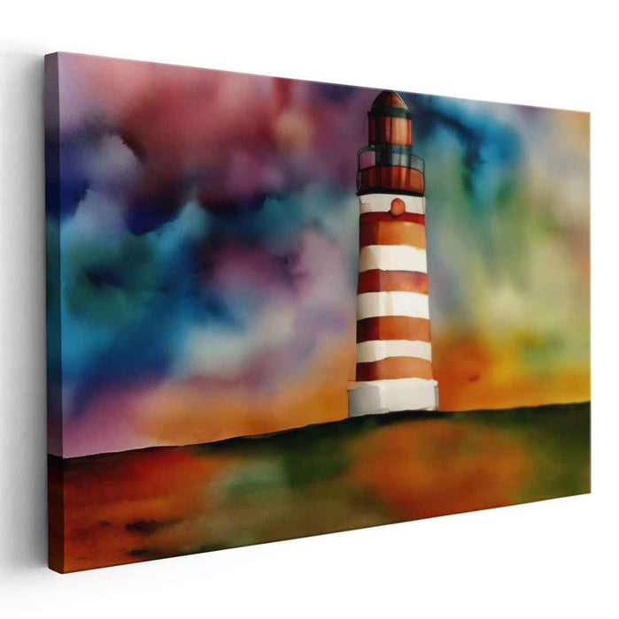 Rainbow Beacon Escape: Vibrant Watercolor Lighthouse Canvas Art