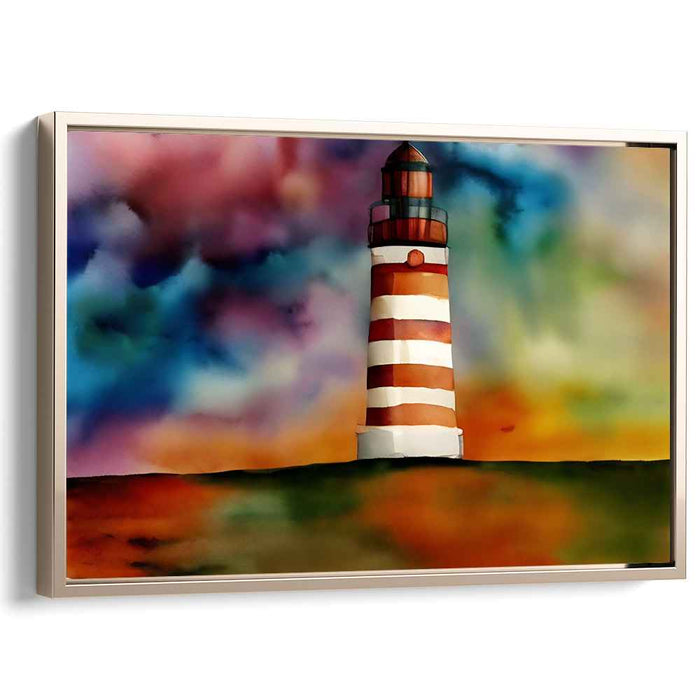 Rainbow Beacon Escape: Vibrant Watercolor Lighthouse Canvas Art
