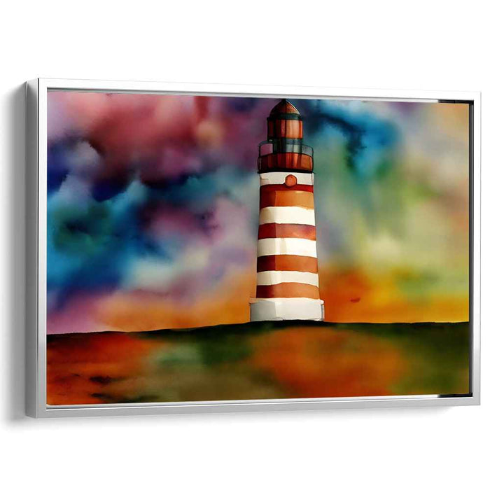Rainbow Beacon Escape: Vibrant Watercolor Lighthouse Canvas Art