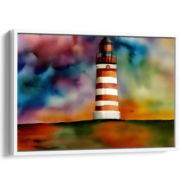 Rainbow Beacon Escape: Vibrant Watercolor Lighthouse Canvas Art