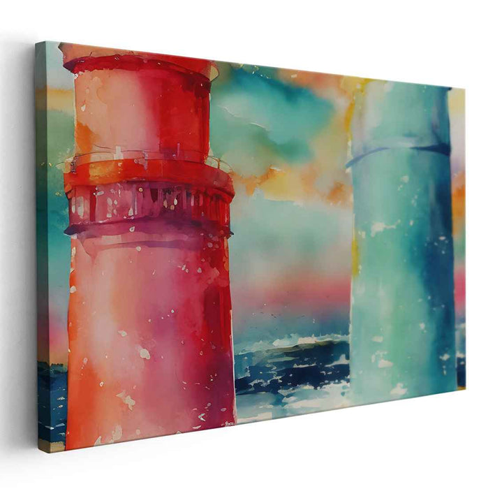 Coastal Guardians: Vibrant Watercolor Lighthouse Seascape