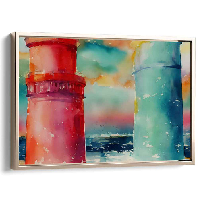 Coastal Guardians: Vibrant Watercolor Lighthouse Seascape