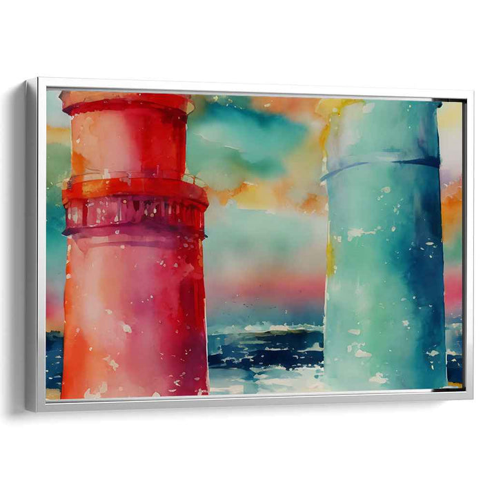 Coastal Guardians: Vibrant Watercolor Lighthouse Seascape