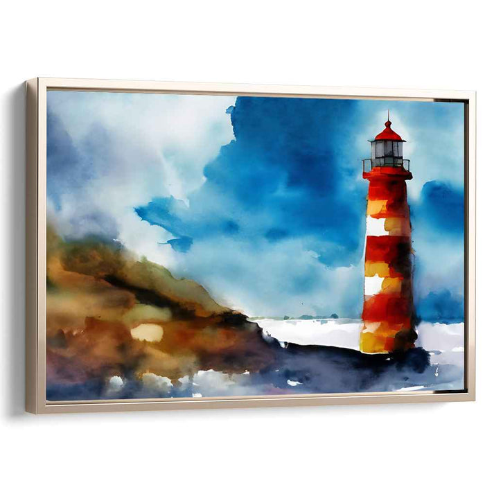 Whispers Of Coastal Beacons: Vibrant Watercolor Lighthouse Canvas Art Print
