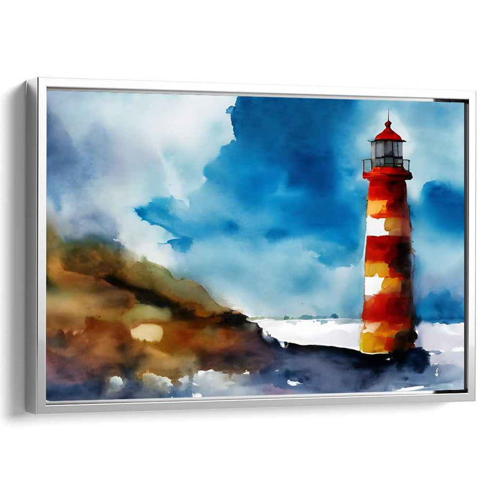 Whispers Of Coastal Beacons: Vibrant Watercolor Lighthouse Canvas Art Print