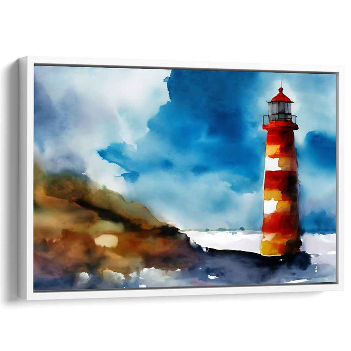 Whispers Of Coastal Beacons: Vibrant Watercolor Lighthouse Canvas Art Print