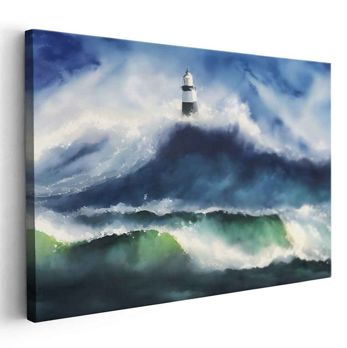 Ethereal Beacon by Seaside Storm: Majestic Lighthouse Amidst Ocean Waves Canvas Art Print