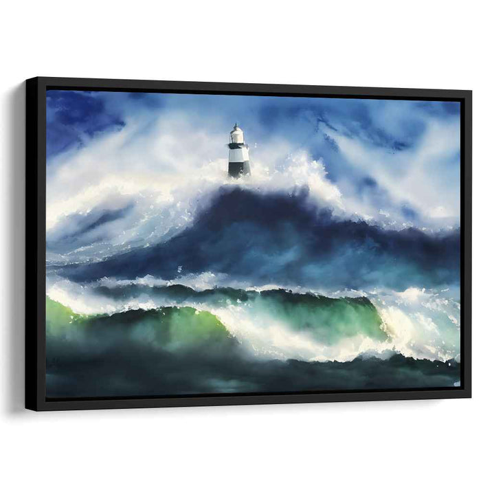 Ethereal Beacon by Seaside Storm: Majestic Lighthouse Amidst Ocean Waves Canvas Art Print