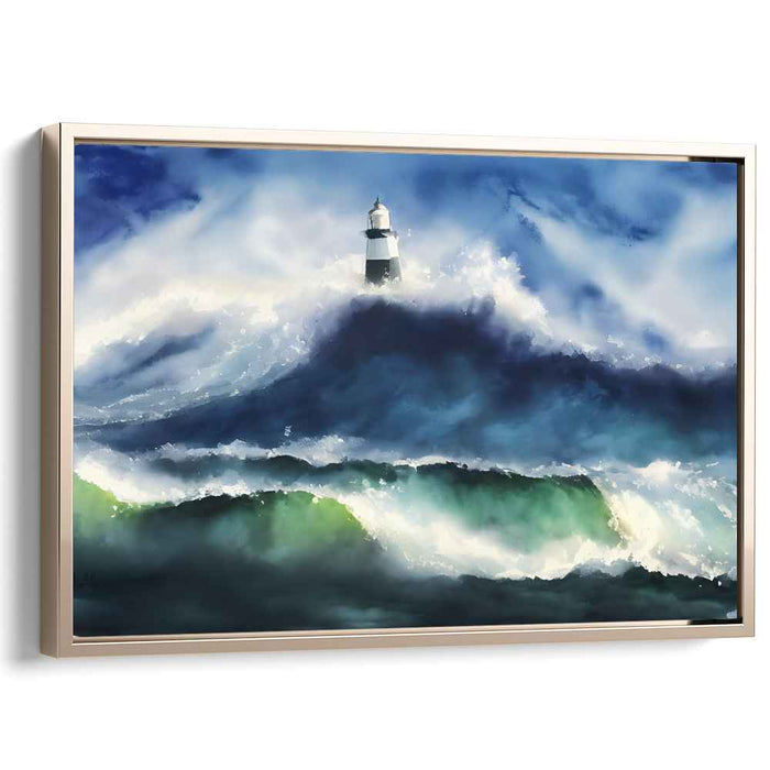 Ethereal Beacon by Seaside Storm: Majestic Lighthouse Amidst Ocean Waves Canvas Art Print