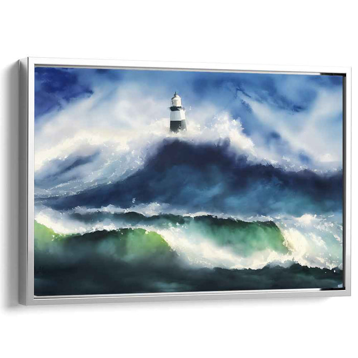 Ethereal Beacon by Seaside Storm: Majestic Lighthouse Amidst Ocean Waves Canvas Art Print
