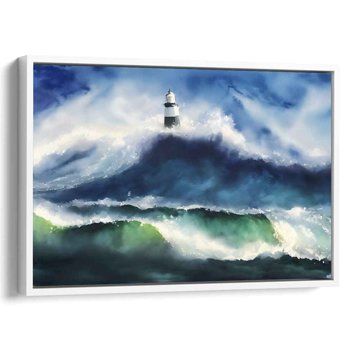 Ethereal Beacon by Seaside Storm: Majestic Lighthouse Amidst Ocean Waves Canvas Art Print