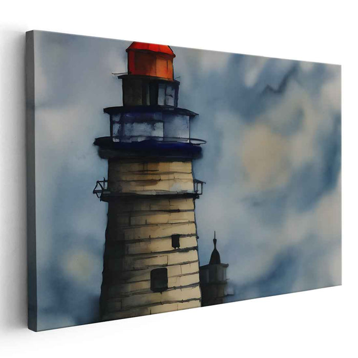 Tranquil Beacon Reflections: Serene Lighthouse Watercolor Canvas Art Print