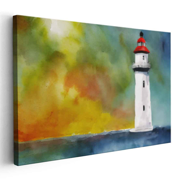 Echoes Of Coastal Radiance: Impressionist Watercolor Lighthouse Canvas Art