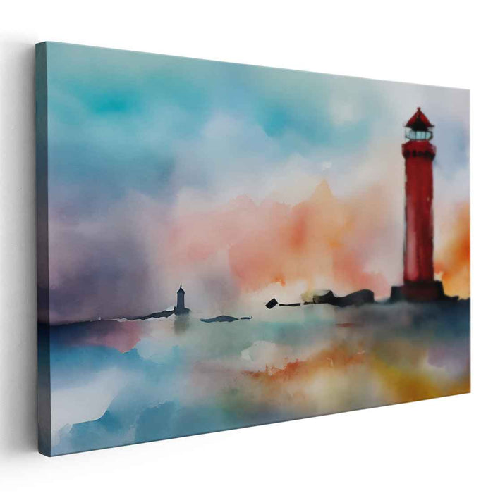 Guiding Light Symphony: Watercolor Lighthouse at Dawn Canvas Art Print